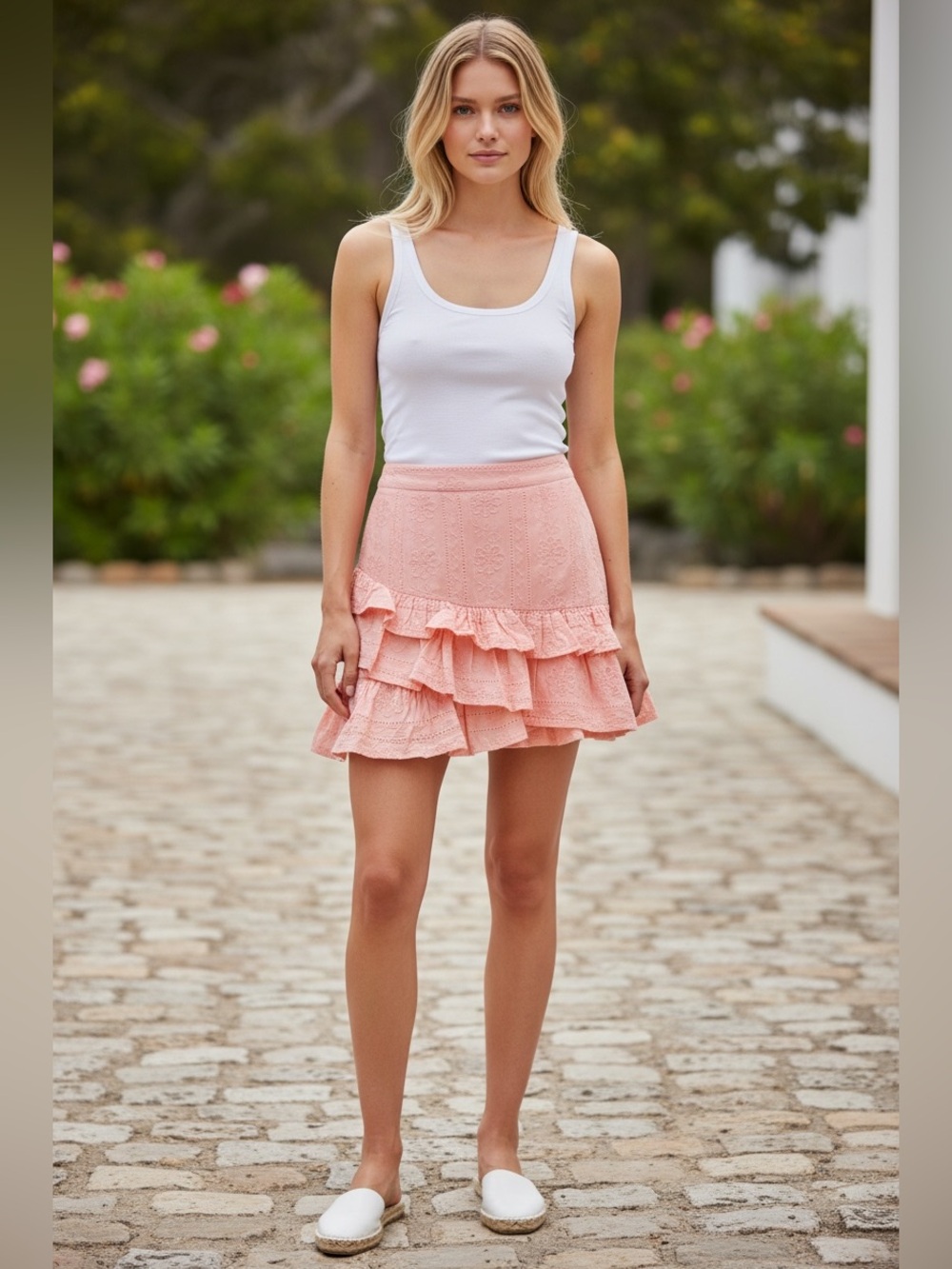 Tiered Eyelet Ruffle Mini Skirt — Pink
